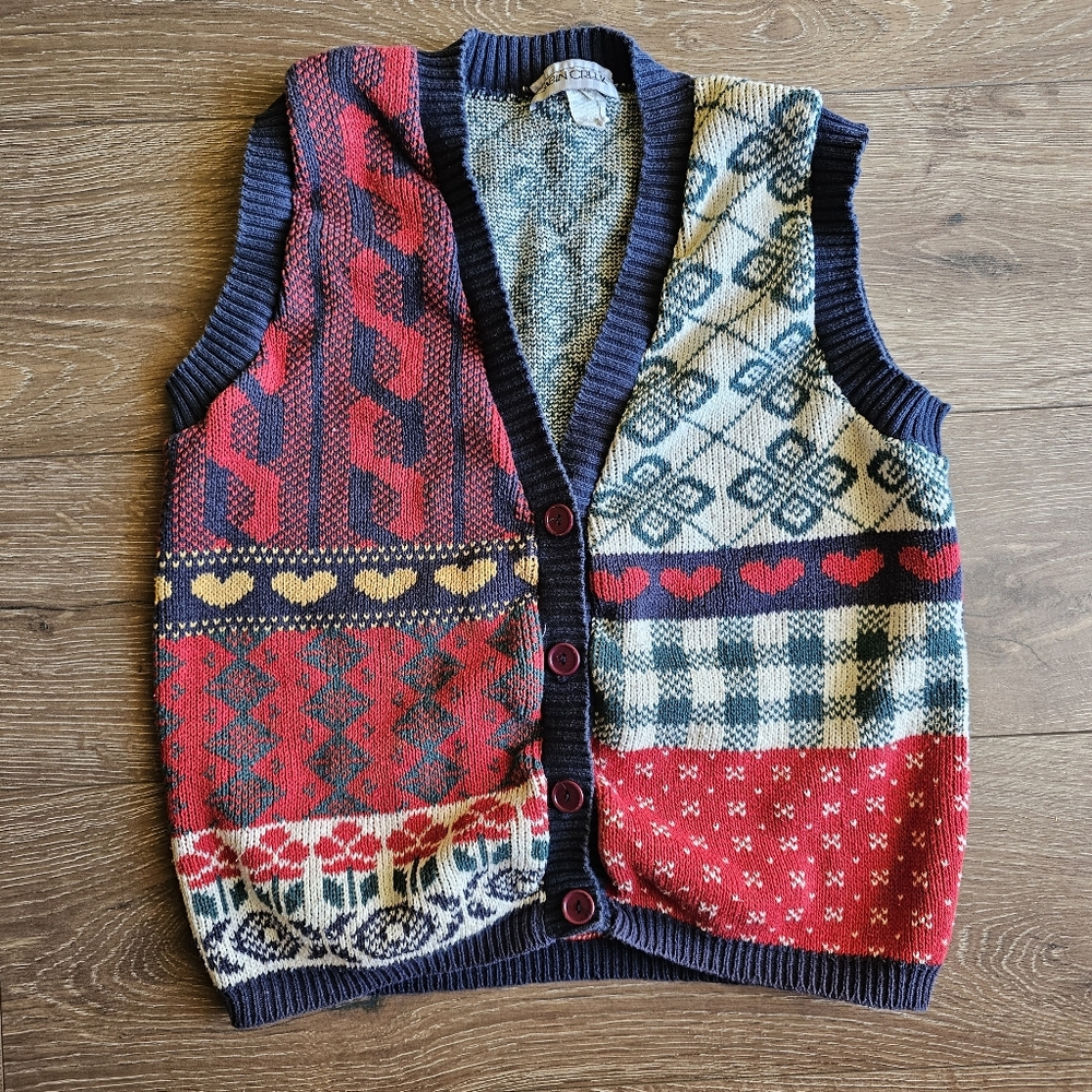 90's Vintage Cabin Creek Funky Heart Patchwork Sweater Vest Cottagecore